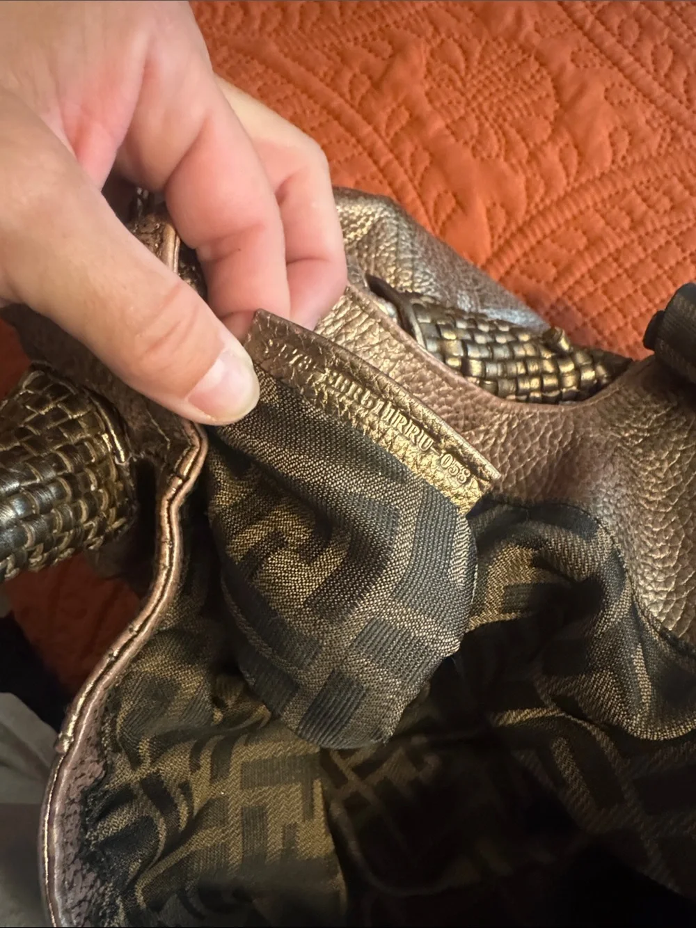 Fendi Spy Metallic Bronze Authentic Women's Woven-Handle Shoulder Bag
